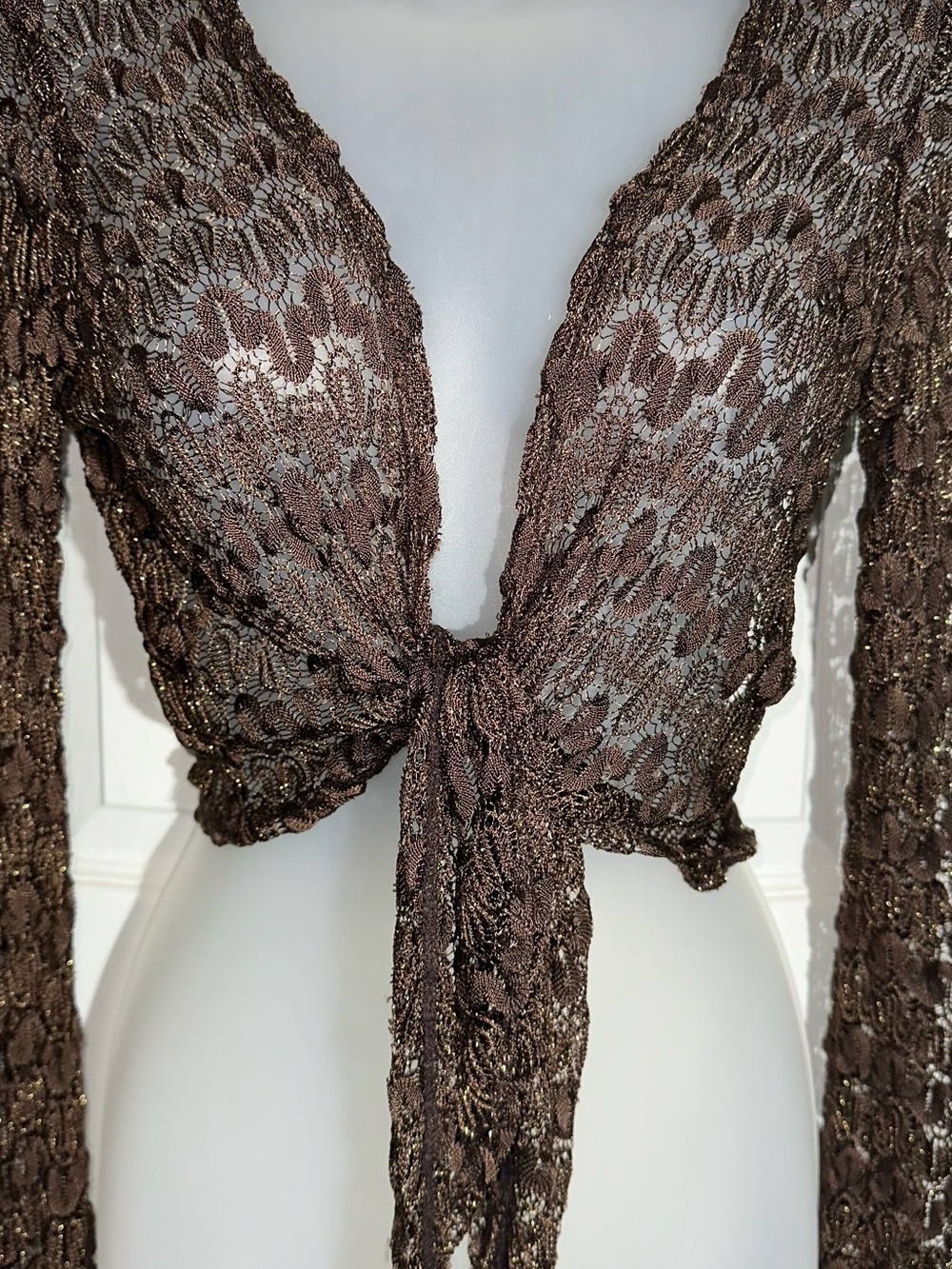 Y2K Brown Gold Open Long Sleeve Crochet Cardigan M-L AA22 - Picture 2 of 7